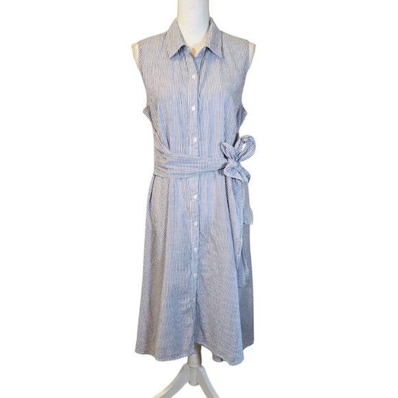 Parallel Skies Midi Shirt Dress Size Large Blue Striped Preppy Classic Cotton - Picture 1 of 7